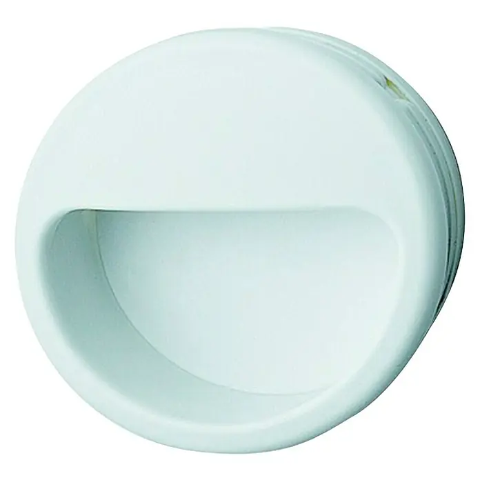 Häfele Tirador para muebles - Tipo de tirador del mueble: Concha, Plástico, Cromado, Blanco - Primer plano de un tirador redondo blanco para puerta empotrada, un complemento elegante y funcional para cualquier interior moderno.