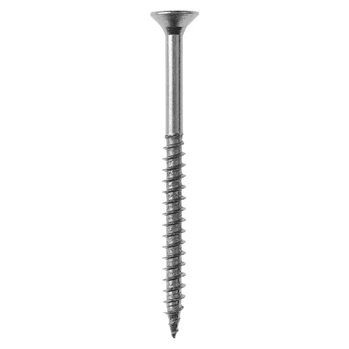Profi Depot HolzschraubeØ x L: 4,5 x 60 mm, 50 Stk., Verzinkt, Kopf-Kreuzschlitz (Pozidriv) - Nahaufnahme einer einzelnen silbernen Holzschraube mit flachem Kopf und scharfem Gewinde auf einem weißen Hintergrund.