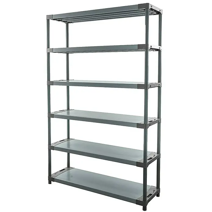 Proregal Kunststoffregal BIG GREY BEAR - Traglast pro Boden: 120 kg, Anzahl Böden: 6 Stk., Stecken, Grau - Graues Regal mit 6 Regalböden und Metallrahmen, ideal für Lagerung und Organisation in Garage oder Keller. Robuste Bauweise für hohe Belastbarkeit.