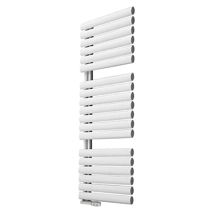 Camargue Designheizkörper Flag Bis - B x H: 600 x 1.216 mm - Bild eines weißen Handtuchwärmers. Das moderne Design umfasst horizontale Stangen für effizientes Trocknen von Handtüchern.