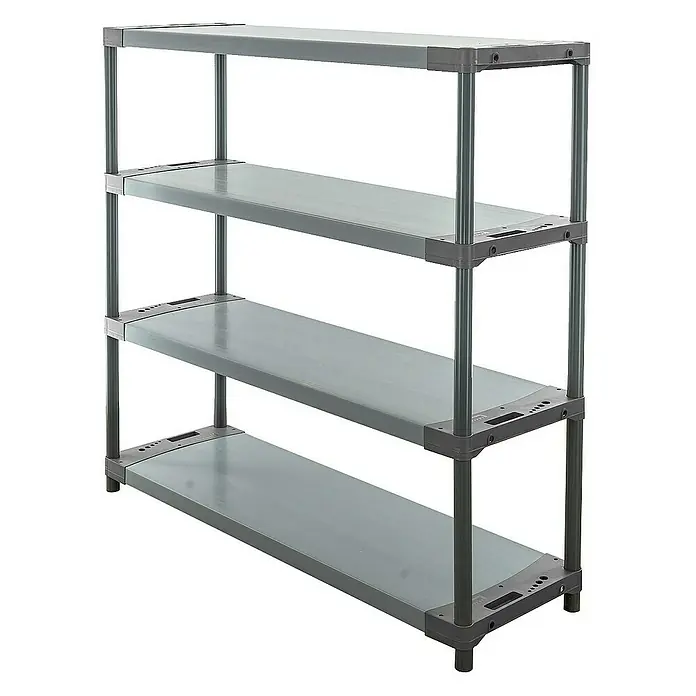 Proregal Kunststoffregal GREY BEAR - Traglast pro Boden: 70 kg, Anzahl Böden: 4 Stk., Stecken, Grau - Ein graues Kunststoffregal mit vier Ebenen, ideal für Lagerung und Organisation in Garage, Keller oder Abstellraum.