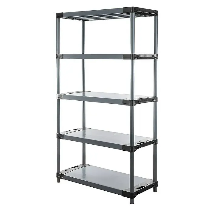 Proregal Kunststoffregal GREY BEAR - Traglast pro Boden: 120 kg, Anzahl Böden: 5 Stk., Stecken, Grau - Bild eines grauen, freistehenden Regalsystems mit fünf Ebenen, ideal zur Aufbewahrung und Organisation verschiedener Gegenstände im Haushalt.