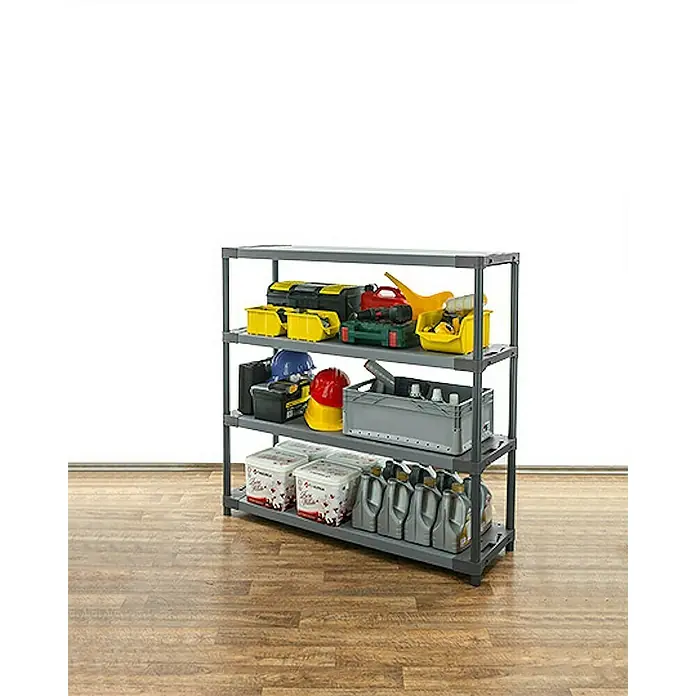 Proregal Kunststoffregal GREY BEAR - Traglast pro Boden: 70 kg, Anzahl Böden: 4 Stk., Stecken, Grau - Graues Kunststoffregal mit vier Ebenen, beladen mit Werkzeugen, Behältern und Ölflaschen, ideal für Werkstatt oder Garage.