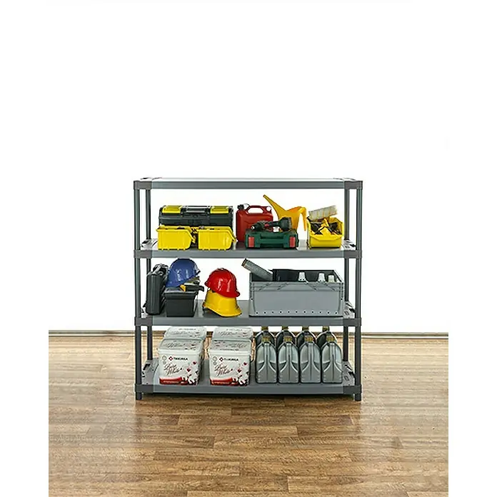 Proregal Kunststoffregal GREY BEAR - Traglast pro Boden: 70 kg, Anzahl Böden: 4 Stk., Stecken, Grau - Ein dreistufiges Regal mit Werkzeugen, Ölbehältern und Sicherheitsausrüstung, ideal für Garage oder Werkstatt.