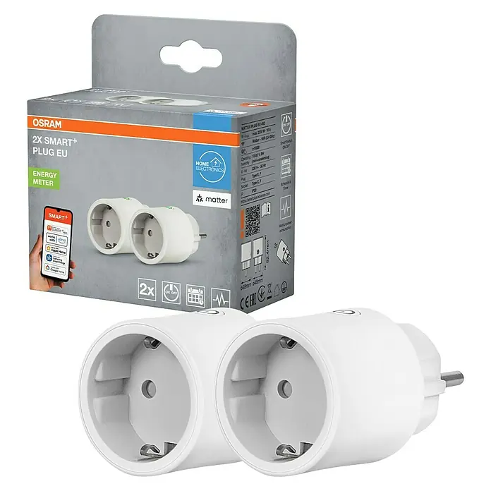 Osram Smart+ Smart-Steckdose matter - Innen, Weiß, 2 Stk. - Abbildung eines OSRAM 2X SMART+ PLUG EU, ein intelligenter Stecker mit Energiemessfunktion, zusammen mit seiner Verpackung.