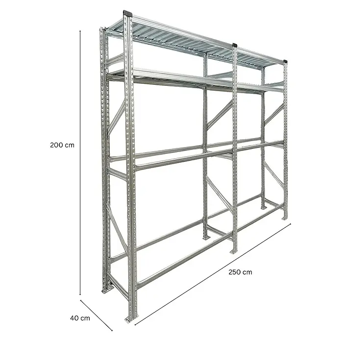 Proregal Reifenregal PROXIMO 1x Grundregal + 1x Anbauregal - H x B x T: 200 x 240 x 40 cm, Stecken, Verzinkt - Abbildung eines robusten Metallregals mit den Maßen 200 cm Höhe, 250 cm Länge und 40 cm Tiefe, ideal für Lagerzwecke.
