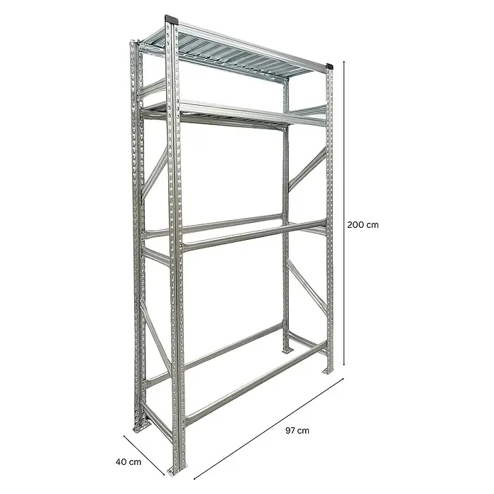 Proregal Reifenregal PROXIMO Grundregal - H x B x T: 200 x 90 x 40 cm, Stecken, Verzinkt - Abbildung eines silbernen Schwerlastregals mit den Maßen 200cm Höhe, 97cm Breite und 40cm Tiefe.