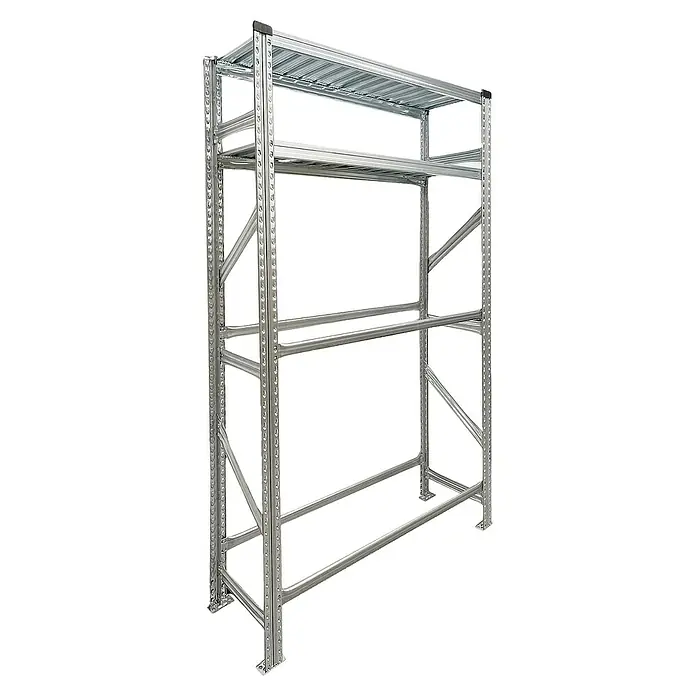 Proregal Reifenregal PROXIMO Grundregal - H x B x T: 200 x 90 x 40 cm, Stecken, Verzinkt - Abbildung eines robusten Metallregals mit drei Ebenen, ideal für Lagerung und Organisation in Werkstätten oder Lagerräumen.