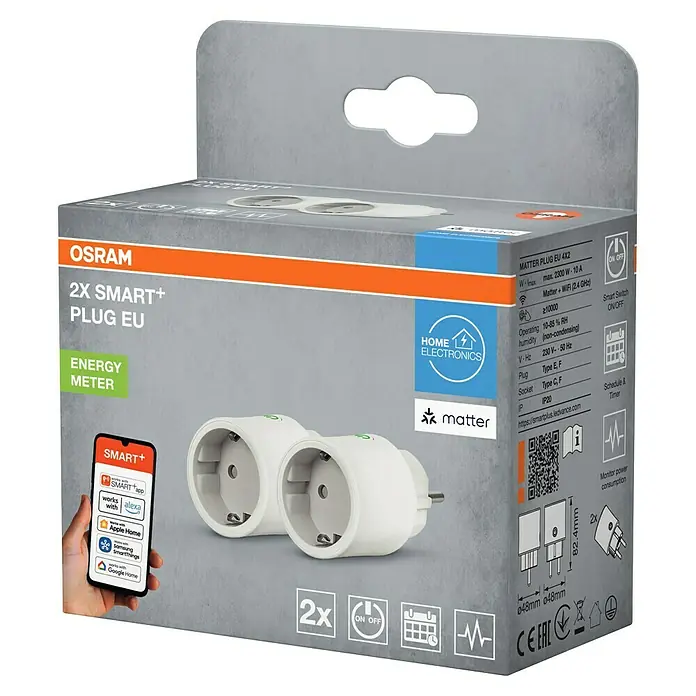 Osram Smart+ Smart-Steckdose matter - Innen, Weiß, 2 Stk. - Abbildung einer Verpackung mit zwei OSRAM Smart+ Steckdosen EU, die mit Matter und WLAN kompatibel sind, zur Energiemessung und Fernsteuerung.