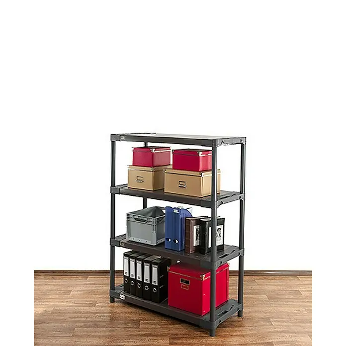 Proregal Kunststoffregal GREY BEAR - Traglast pro Boden: 120 kg, Anzahl Böden: 4 Stk., Stecken, Grau - Regal mit vier Regalen, gefüllt mit Kisten, Ordnern und Büchern, ideal für Büro oder Zuhause.