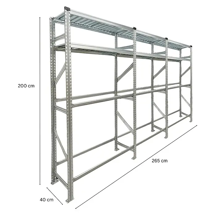 Proregal Reifenregal PROXIMO 1x Grundregal + 2x Anbauregal - H x B x T: 200 x 270 x 40 cm, Stecken, Verzinkt - Abbildung eines robusten Metallregals mit mehreren Ebenen und den Maßen 200 x 265 x 40 cm.