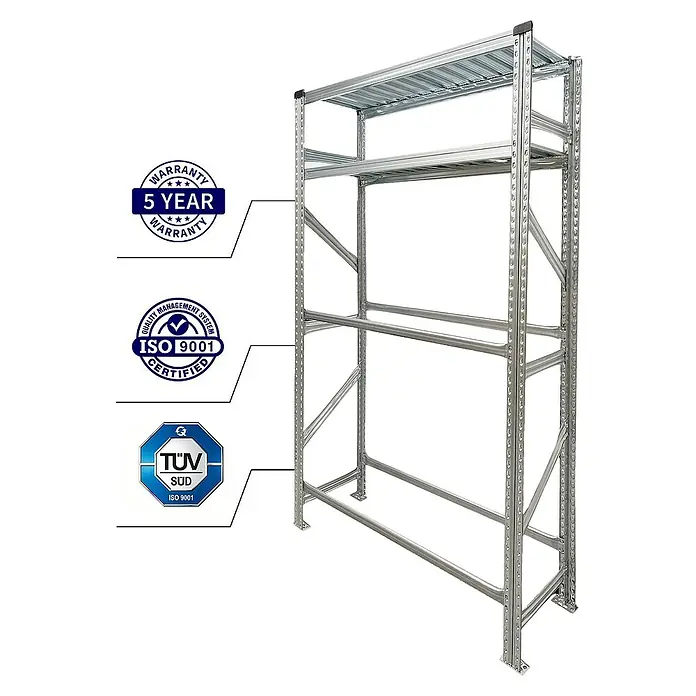 Proregal Reifenregal PROXIMO 1x Grundregal + 2x Anbauregal - H x B x T: 200 x 270 x 40 cm, Stecken, Verzinkt - Das Bild zeigt ein Regalsystem mit drei Ebenen, das für Lagerzwecke ideal ist. Die Konstruktion wirkt robust und stabil.