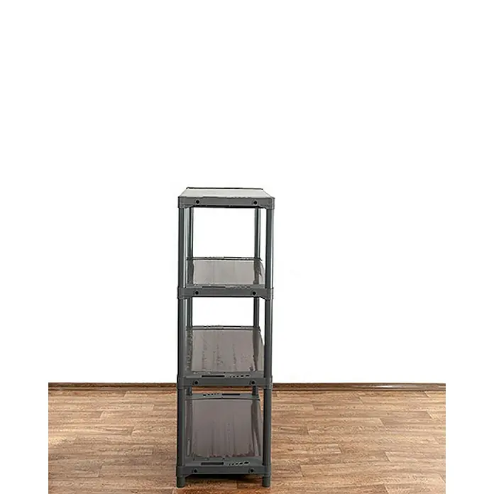Proregal Kunststoffregal GREY BEAR - Traglast pro Boden: 120 kg, Anzahl Böden: 4 Stk., Stecken, Grau - Ein graues Kunststoffregal mit vier Ebenen steht auf einem Holzboden vor einer weißen Wand. Praktische Aufbewahrungslösung.