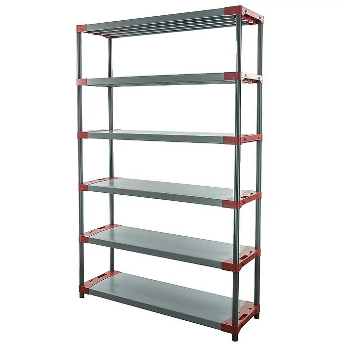 Proregal Kunststoffregal GREY BEAR - Traglast pro Boden: 70 kg, Anzahl Böden: 6 Stk., Stecken, Grau-Rot - Graues Metallregal mit fünf Ablagen und roten Eckverbindungen. Das Regal ist stabil und bietet viel Stauraum.