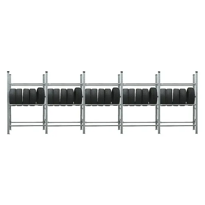 Proregal Reifenregal PROXIMO 1x Grundregal + 4x Anbauregal - H x B x T: 200 x 600 x 40 cm, Stecken, Verzinkt - Reifenregal mit mehreren Reifen auf Metallgestellen zur Lagerung.
