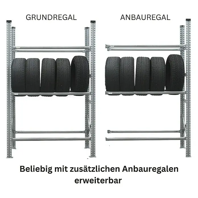Proregal Reifenregal PROXIMO 1x Grundregal + 4x Anbauregal - H x B x T: 200 x 600 x 40 cm, Stecken, Verzinkt - Reifenregal-System mit Grundregal und Anbauregal zur flexiblen Erweiterung. Ideal für die Lagerung von Autoreifen in Garage oder Keller.
