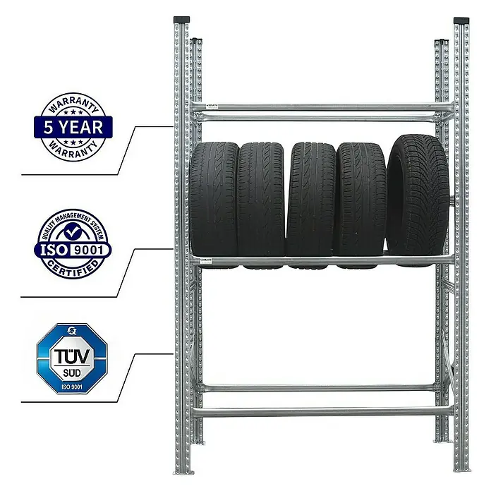 Proregal Reifenregal PROXIMO 1x Grundregal + 4x Anbauregal - H x B x T: 200 x 600 x 40 cm, Stecken, Verzinkt - Ein Reifenregal aus Metall mit fünf Reifen darauf, mit Garantie- und Zertifizierungslogos auf der linken Seite.