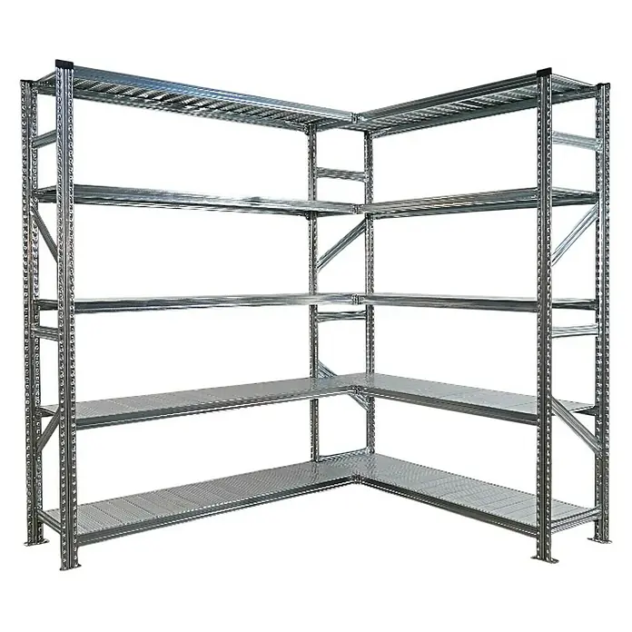 Proregal Eckregal PROXIMO - H x B x T: 200 x 150 x 32 cm, Traglast pro Boden: 100 kg, Anzahl Böden: 5 Stk., Stecken, Verzinkt - Silbernes Eckregal mit fünf Regalböden. Das Regal ist robust und ideal für Lagerung und Organisation in Garage oder Keller.