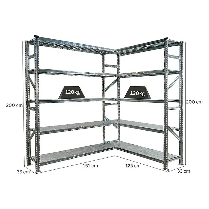 Proregal Eckregal PROXIMO - H x B x T: 200 x 150 x 32 cm, Traglast pro Boden: 100 kg, Anzahl Böden: 5 Stk., Stecken, Verzinkt - Das Bild zeigt ein Eckregal aus Metall mit vier Ebenen, das jeweils mit 120 kg belastbar ist, mit Maßangaben für Höhe, Breite und Tiefe.