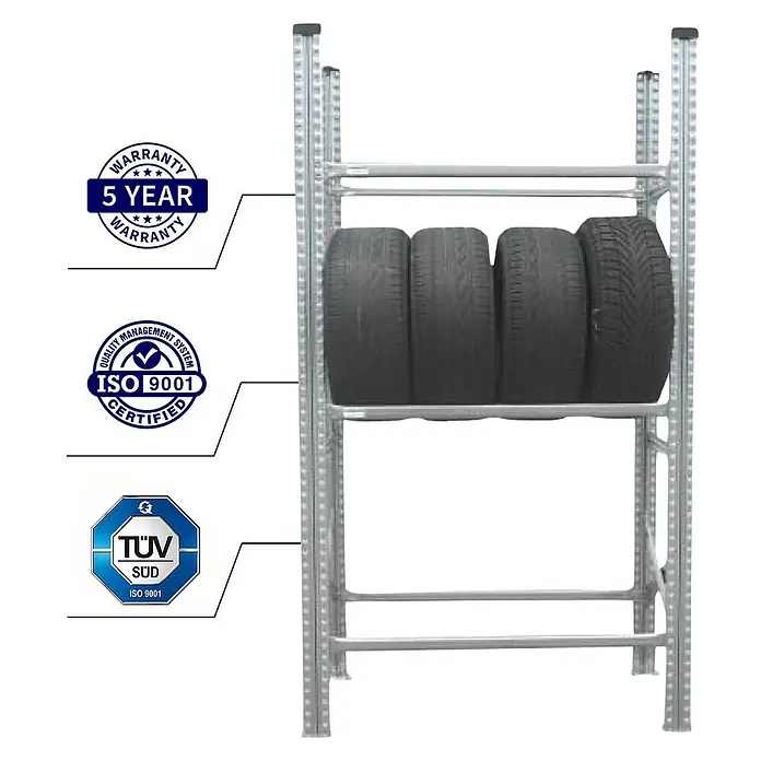 Proregal Reifenregal PROXIMO 1x Grundregal + 1x Anbauregal - H x B x T: 200 x 180 x 40 cm, Stecken, Verzinkt - Reifenregal mit vier Reifen, Garantie- und Qualitätssiegeln für Zuverlässigkeit.