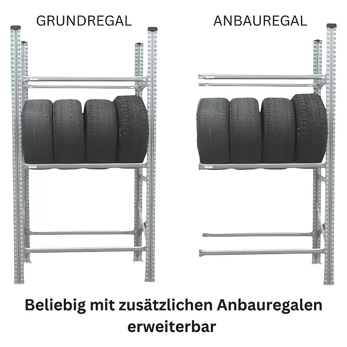 Proregal Reifenregal PROXIMO 1x Grundregal + 1x Anbauregal - H x B x T: 200 x 180 x 40 cm, Stecken, Verzinkt - Produktbild von Grundregal und Anbauregal mit Reifenlagerung zur beliebigen Erweiterung mit zusätzlichen Anbauregalen.