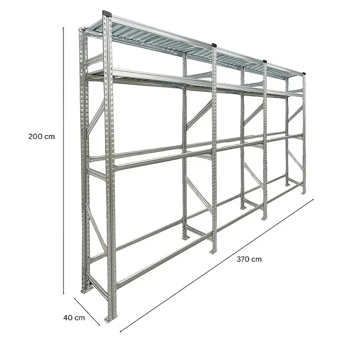 Proregal Reifenregal PROXIMO 1x Grundregal + 2x Anbauregal - H x B x T: 200 x 360 x 40 cm, Stecken, Verzinkt - Regal mit drei Ebenen aus Metall, ideal für Lagerung. Abmessungen: 200 cm hoch, 370 cm breit und 40 cm tief.