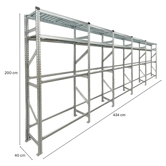 Proregal Reifenregal PROXIMO 1x Grundregal + 4x Anbauregal - H x B x T: 200 x 450 x 40 cm, Stecken, Verzinkt - Regal mit vier Ebenen. Die Abmessungen sind 200 cm hoch, 434 cm breit und 40 cm tief.