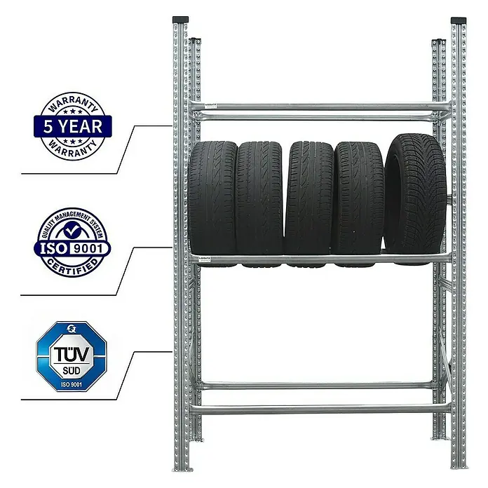 Proregal Reifenregal PROXIMO 1x Grundregal + 1x Anbauregal - H x B x T: 200 x 240 x 40 cm, Stecken, Verzinkt - Reifenregal mit fünf Reifen, 5 Jahre Garantie und ISO 9001-Zertifizierung für Qualitätsmanagement.