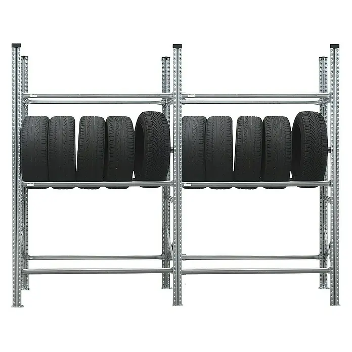 Proregal Reifenregal PROXIMO 1x Grundregal + 1x Anbauregal - H x B x T: 200 x 240 x 40 cm, Stecken, Verzinkt - Reifensortiment auf robustem Metallregal. Ideal zur Lagerung von Sommer- und Winterreifen in Garage oder Werkstatt, für Ordnung und schnellen Zugriff.