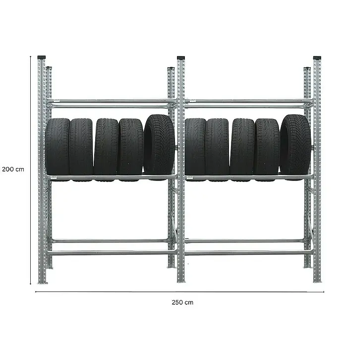 Proregal Reifenregal PROXIMO 1x Grundregal + 1x Anbauregal - H x B x T: 200 x 240 x 40 cm, Stecken, Verzinkt - Reifenregal mit acht Reifen und Abmessungen 200 cm Höhe und 250 cm Breite für die Lagerung von Autoreifen.