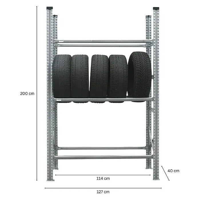 Proregal Reifenregal PROXIMO Grundregal - H x B x T: 200 x 120 x 40 cm, Stecken, Verzinkt - Abbildung eines Reifenregals mit vier Reifen und Maßangaben. Perfekt, um Reifen ordentlich und platzsparend zu lagern.