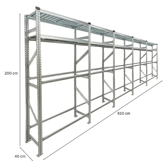 Proregal Reifenregal PROXIMO 1x Grundregal + 4x Anbauregal - H x B x T: 200 x 600 x 40 cm, Stecken, Verzinkt - Bild eines langen, silbernen Metallregals mit zwei Ebenen und den Maßen 200 x 40 x 610 cm für Lagerzwecke.