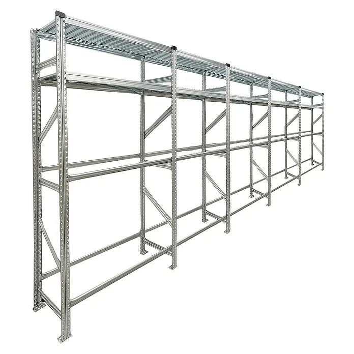 Proregal Reifenregal PROXIMO 1x Grundregal + 4x Anbauregal - H x B x T: 200 x 600 x 40 cm, Stecken, Verzinkt - Abbildung eines Lagerregals aus Metall mit mehreren Ebenen, ideal für die Lagerung von Waren in Lagern oder Geschäften.