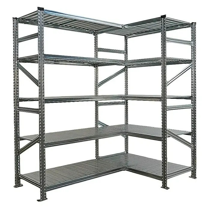 Proregal Eckregal PROXIMO - H x B x T: 200 x 150 x 60 cm, Traglast pro Boden: 100 kg, Anzahl Böden: 5 Stk., Stecken, Verzinkt - Ein Eckregal aus Metall mit mehreren Regalböden bietet viel Stauraum und ist ideal für Lager und Werkstätten.