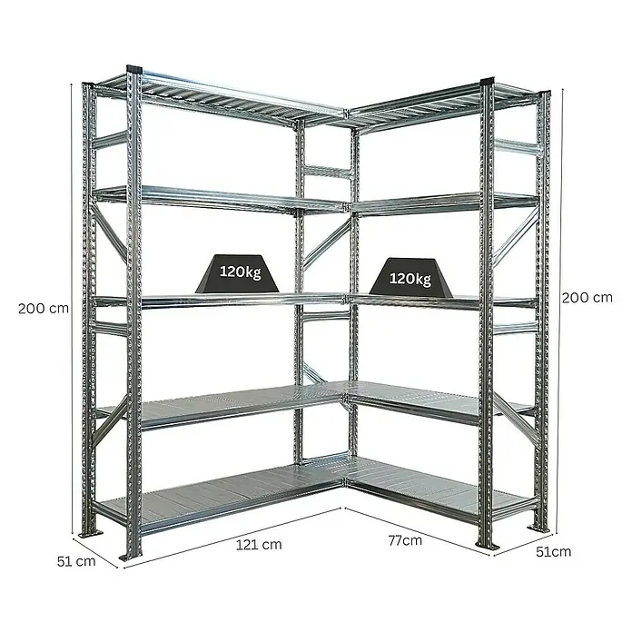Proregal Eckregal PROXIMO - Traglast pro Boden: 100 kg, Anzahl Böden: 5 Stk., Stecken, Verzinkt - Eckregal aus Metall mit vier Ebenen und Gewichtsangabe. Robuste Konstruktion für Lagerzwecke.