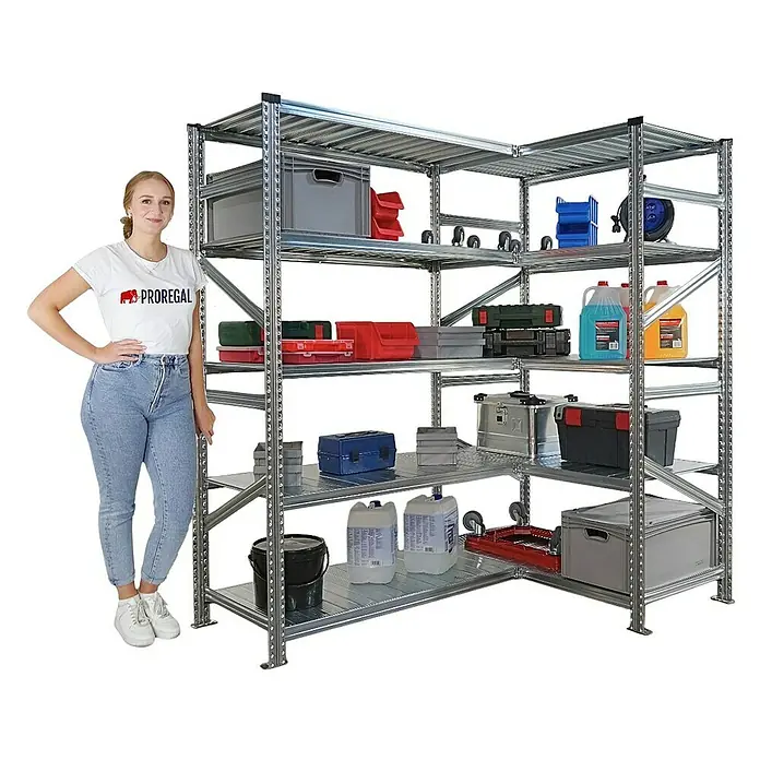 Proregal Eckregal PROXIMO - H x B x T: 200 x 150 x 60 cm, Traglast pro Boden: 100 kg, Anzahl Böden: 5 Stk., Stecken, Verzinkt - Das Proregal Schwerlastregal bietet viel Stauraum für Werkstatt, Keller oder Lager. Das Regal ist stabil, flexibel und einfach zu montieren.