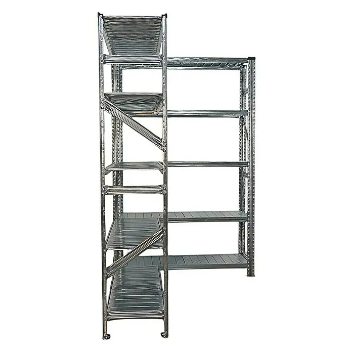 Proregal Eckregal PROXIMO - Traglast pro Boden: 100 kg, Anzahl Böden: 5 Stk., Stecken, Verzinkt - Regal mit Metallrahmen und mehreren Regalböden. Das Regal hat ein robustes Design und bietet viel Stauraum.
