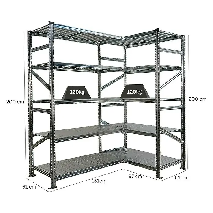 Proregal Eckregal PROXIMO - H x B x T: 200 x 150 x 60 cm, Traglast pro Boden: 100 kg, Anzahl Böden: 5 Stk., Stecken, Verzinkt - Regal mit fünf Ebenen und Eckkonstruktion, ideal für Lagerung und Organisation.