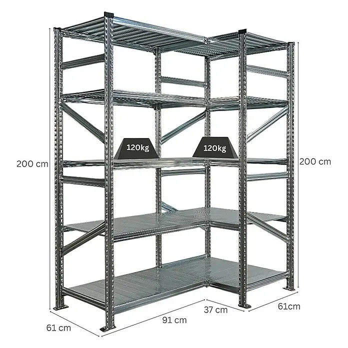 Proregal Eckregal PROXIMO - H x B x T: 200 x 90 x 60 cm, Traglast pro Boden: 100 kg, Anzahl Böden: 5 Stk., Stecken, Verzinkt - Bild eines Eckregals aus Metall mit fünf Fächern, das mit bis zu 120 kg pro Fach belastbar ist und Abmessungen von 200x91x61cm hat.