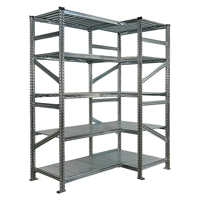 Proregal Eckregal PROXIMO - H x B x T: 200 x 90 x 60 cm, Traglast pro Boden: 100 kg, Anzahl Böden: 5 Stk., Stecken, Verzinkt - Silbernes Metallregal mit mehreren Ablagen, ideal für Lagerung und Organisation. Robustes Design für vielseitige Nutzung.