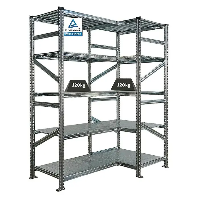 Proregal Eckregal PROXIMO - H x B x T: 200 x 90 x 60 cm, Traglast pro Boden: 100 kg, Anzahl Böden: 5 Stk., Stecken, Verzinkt - Regal mit 2 Gewichten mit 120kg und TÜV Rheinland Zertifizierung.