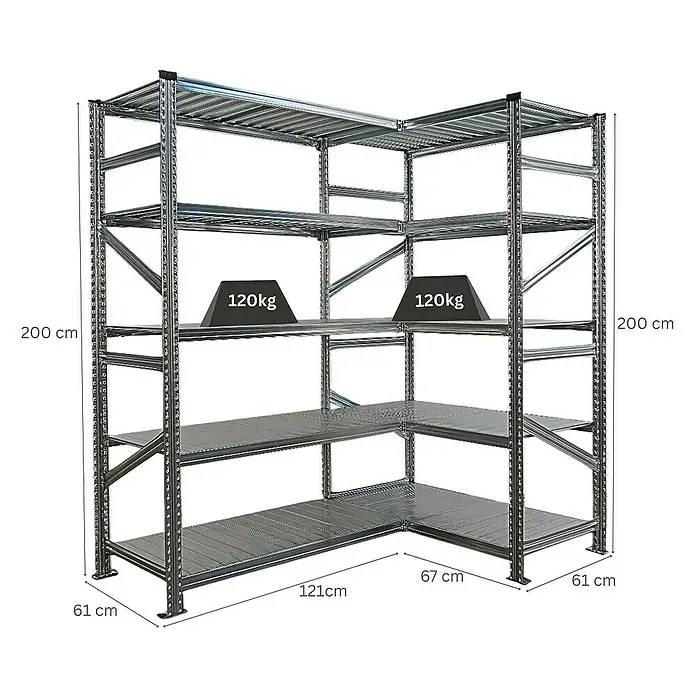 Proregal Eckregal PROXIMO - Traglast pro Boden: 100 kg, Anzahl Böden: 5 Stk., Stecken, Verzinkt - Bild eines Eckregals mit mehreren Ebenen, gekennzeichnet mit Gewichtsangaben.