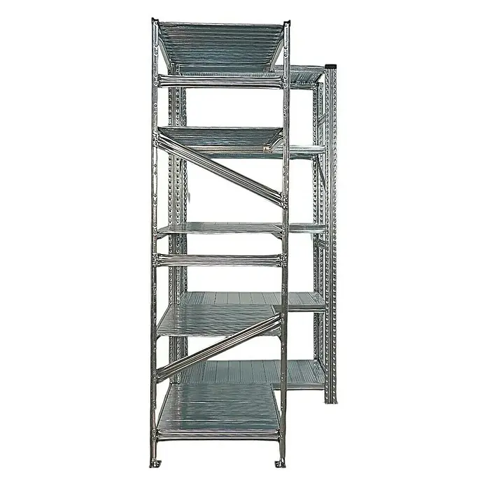 Proregal Eckregal PROXIMO - H x B x T: 200 x 90 x 60 cm, Traglast pro Boden: 100 kg, Anzahl Böden: 5 Stk., Stecken, Verzinkt - Abbildung eines verchromten Metallregals mit mehreren Fächern und diagonaler Verstrebung, ideal für Lagerung und Organisation.