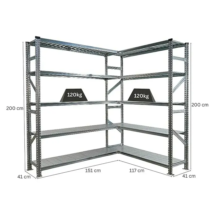 Proregal Eckregal PROXIMO - H x B x T: 200 x 150 x 40 cm, Traglast pro Boden: 100 kg, Anzahl Böden: 5 Stk., Stecken, Verzinkt - Eckregal aus Metall mit vier Ebenen und Gewichtsangabe. Ideal für Lager und Werkstatt.