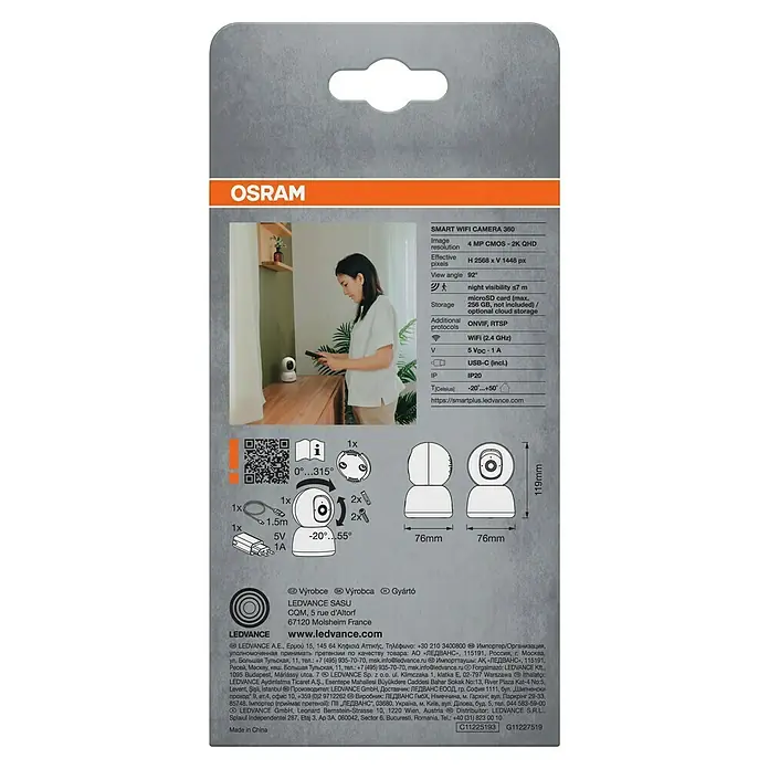 Osram Smart+ Überwachungskamera 360 - Passend für: Alarmsystem, Smart Home System - Bild der Osram Smart WiFi Kamera 360 Packung, die ihre Funktionen und Abmessungen hervorhebt.