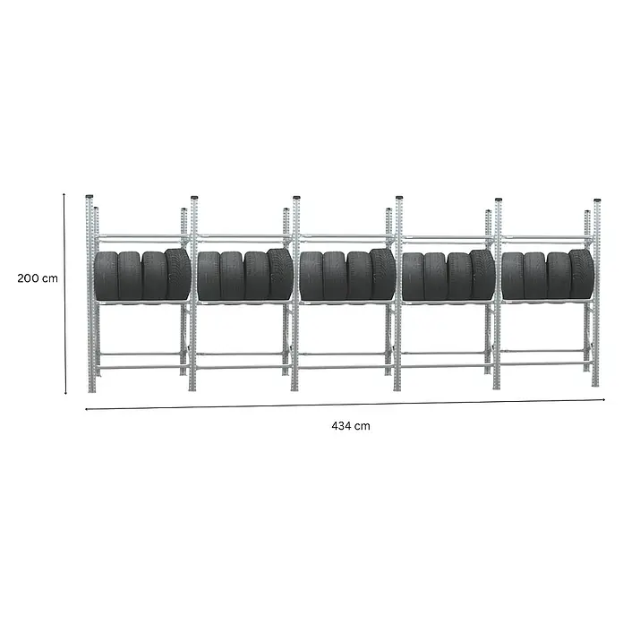 Proregal Reifenregal PROXIMO 1x Grundregal + 4x Anbauregal - Stecken, Verzinkt - Regal für Autoreifen mit vier Fächern und einer Gesamtlänge von 434 cm und einer Höhe von 200 cm.