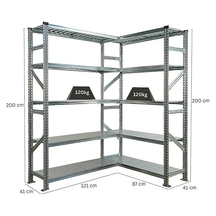 Proregal Eckregal PROXIMO - H x B x T: 200 x 120 x 40 cm, Traglast pro Boden: 100 kg, Anzahl Böden: 5 Stk., Stecken, Verzinkt - Eckregal mit fünf Ebenen, belastbar bis 120 kg pro Ebene. Die Maße sind 200 cm hoch, 121 cm breit und 87 cm tief.\n