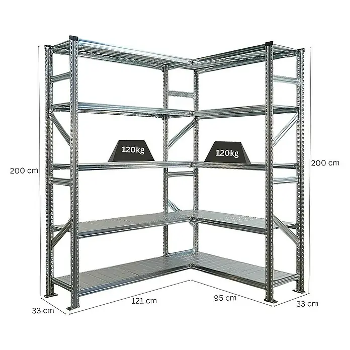 Proregal Eckregal PROXIMO - H x B x T: 200 x 120 x 32 cm, Traglast pro Boden: 100 kg, Anzahl Böden: 5 Stk., Stecken, Verzinkt - Eckregal mit Maßen.