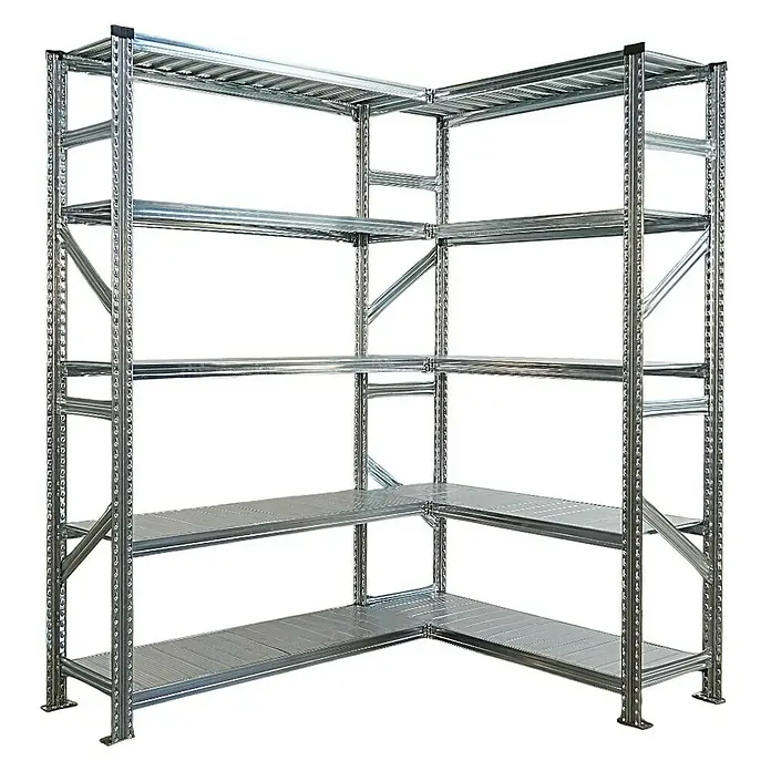 Proregal Eckregal PROXIMO - H x B x T: 200 x 120 x 32 cm, Traglast pro Boden: 100 kg, Anzahl Böden: 5 Stk., Stecken, Verzinkt - Metallregal in L-Form mit mehreren Ebenen. Das Regal ist ideal für Lagerung und Organisation.