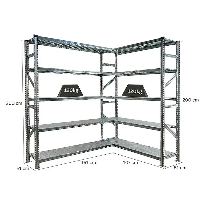 Proregal Eckregal PROXIMO - H x B x T: 200 x 150 x 50 cm, Traglast pro Boden: 100 kg, Anzahl Böden: 5 Stk., Stecken, Verzinkt - Eckregalsystem aus Metall mit vier Ebenen, belastbar mit bis zu 120 kg pro Regalboden. Ideal für Lagerung und Ordnung.